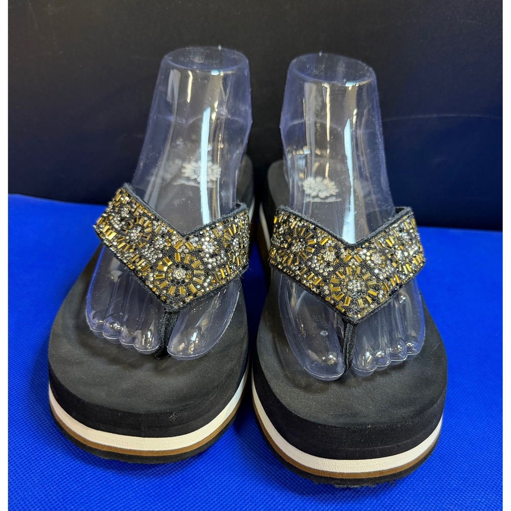 Yellow Box Kania Womens Black Beaded Platform Flip Flops Sandals Gold Silver 7.5 - Picture 1 of 8